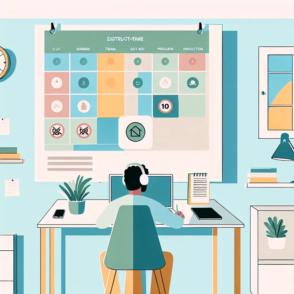 Espacio de trabajo organizado con calendario mostrando bloques de tiempo protegidos, dispositivos en modo no molestar y ambiente tranquilo para concentración