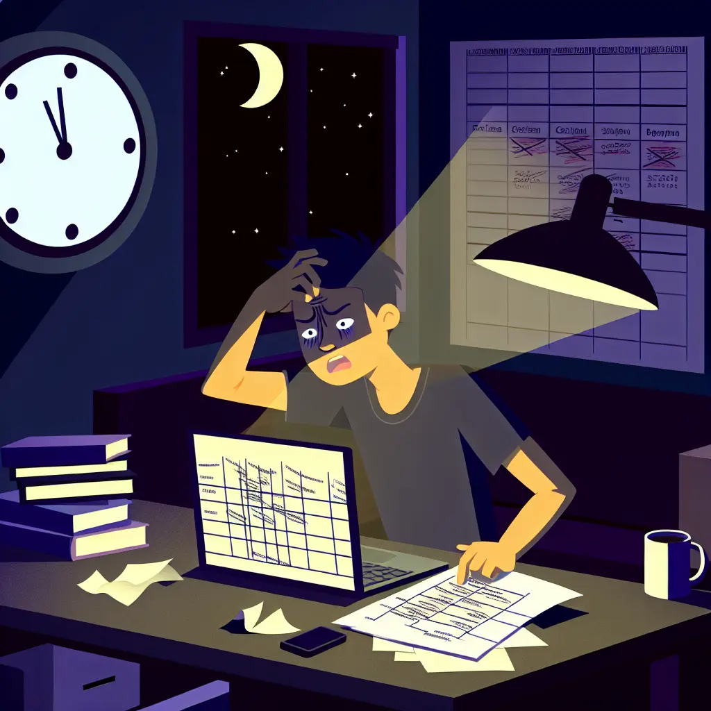 Estudiante universitario trabajando tarde en la noche frente a su laptop, rodeado de papeles y con un cronograma desorganizado visible en la pantalla
