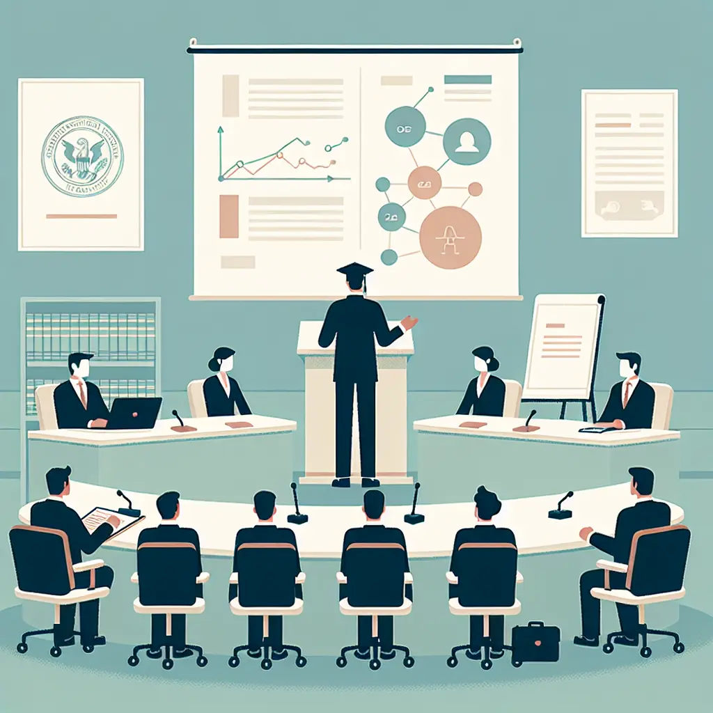 Escena de defensa de tesis doctoral ante un tribunal académico