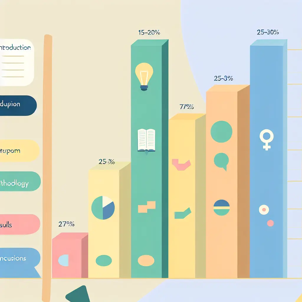 Diagrama visual de barras apiladas mostrando la distribución porcentual ideal de palabras entre los diferentes capítulos de un TFG con iconos representativos