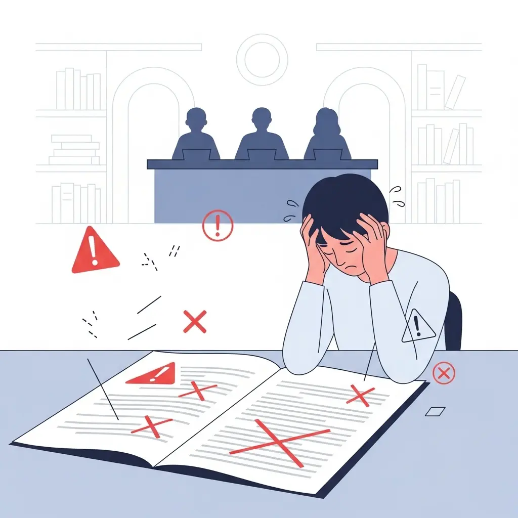 Ilustración de estudiante de doctorado enfrentando errores estructurales en su tesis