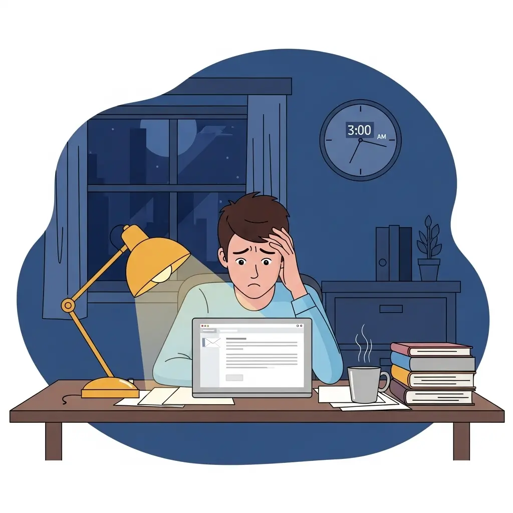 Estudiante universitario preocupado leyendo email sobre detección de IA a las 3 AM
