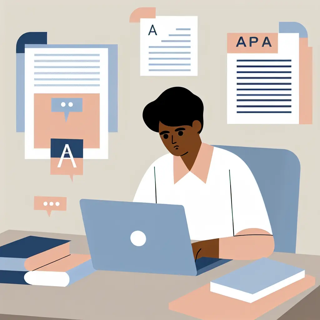 Estudiante universitario revisando las normas APA en su escritorio con documentos y laptop