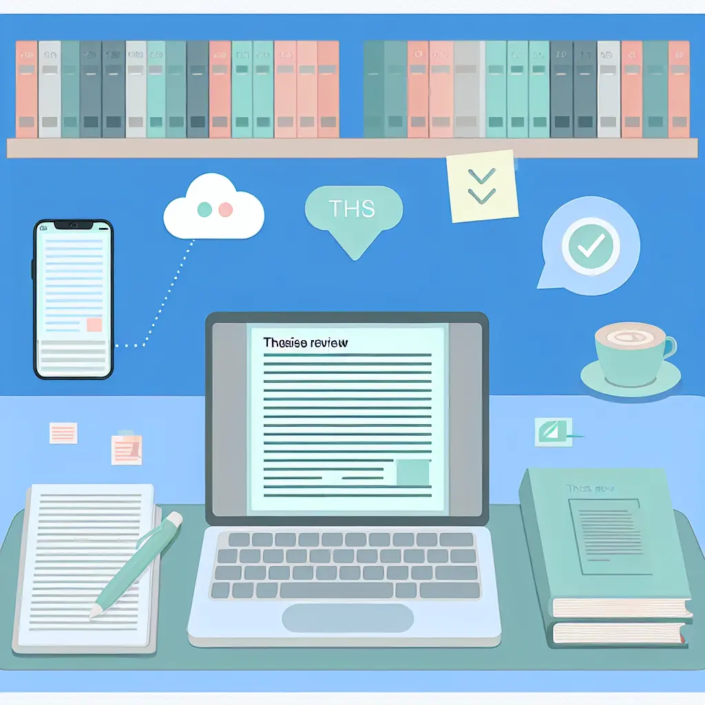 Espacio de trabajo organizado con laptop, cuaderno y herramientas digitales para revisión de tesis