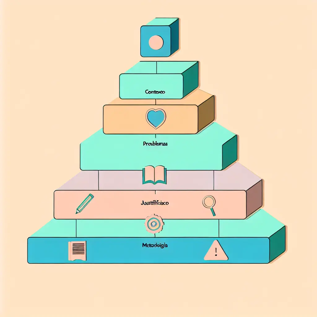 Estructura visual de los 8 elementos clave de una introducción de tesis: contexto, problema, preguntas, objetivos, justificación, marco teórico, metodología y estructura