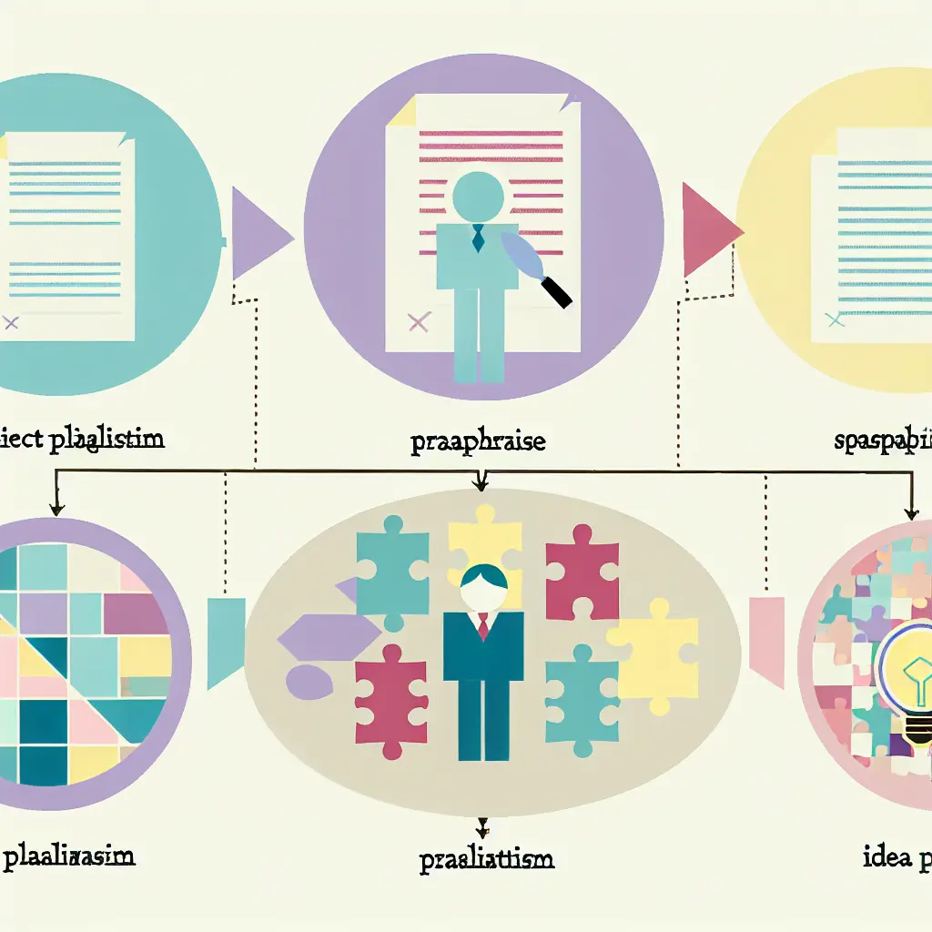 Diagrama conceptual que ilustra los cinco tipos principales de plagio académico: directo, por parafraseo, autoplagio, mosaico e ideas