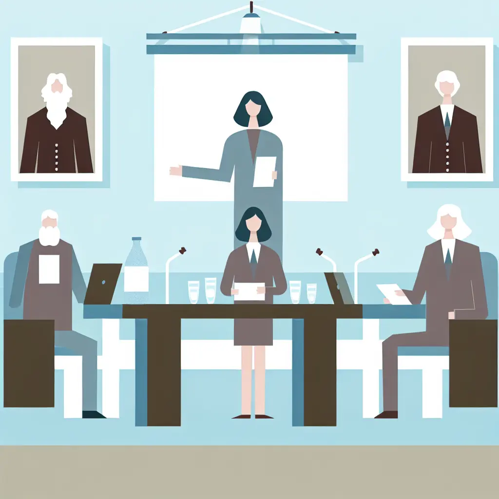 Tribunal académico evaluando tesis durante defensa oral con profesores revisando documentos atentamente