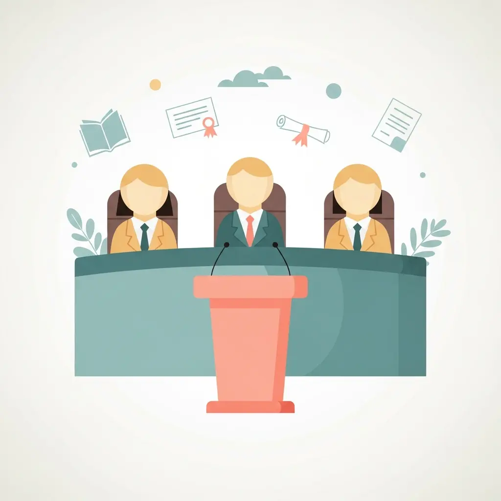 Representación visual de un tribunal académico evaluando una tesis doctoral