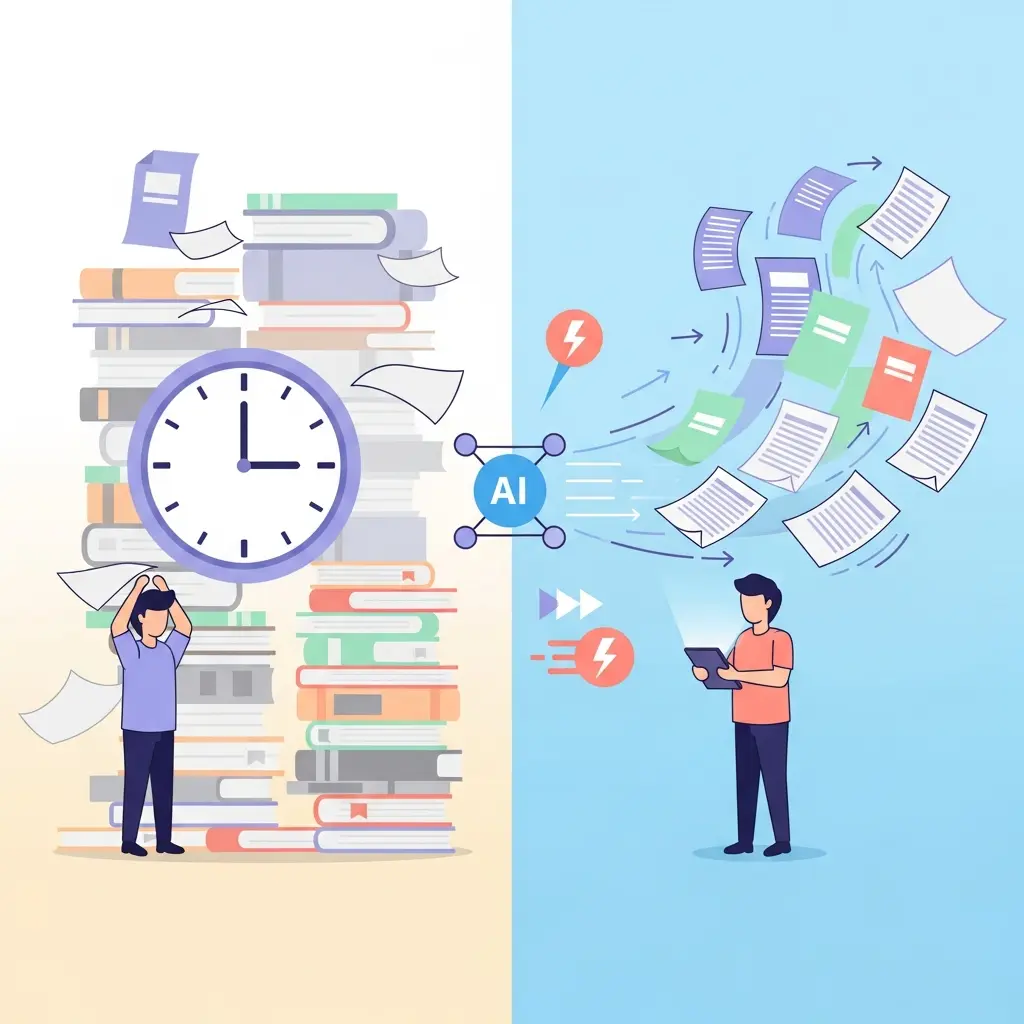 Comparación visual entre revisión de literatura tradicional y acelerada con IA