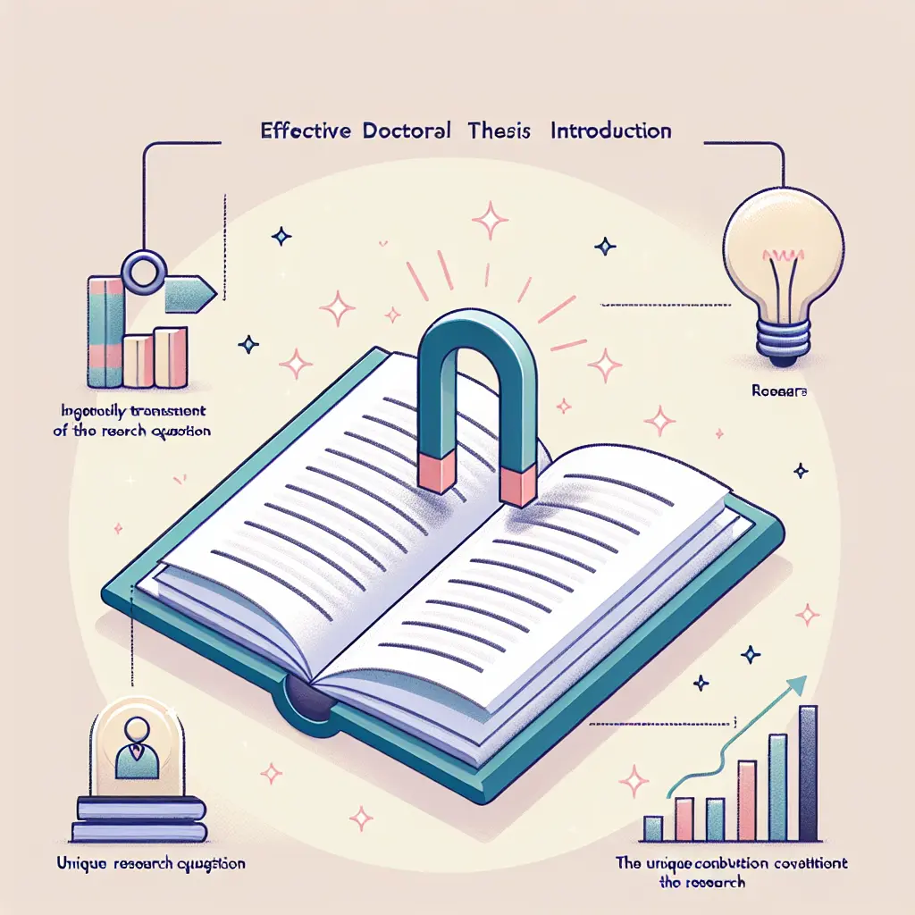 Concepto visual de una introducción doctoral efectiva que capta la atención del lector con elementos clave como el gancho, la pregunta de investigación y la contribución original