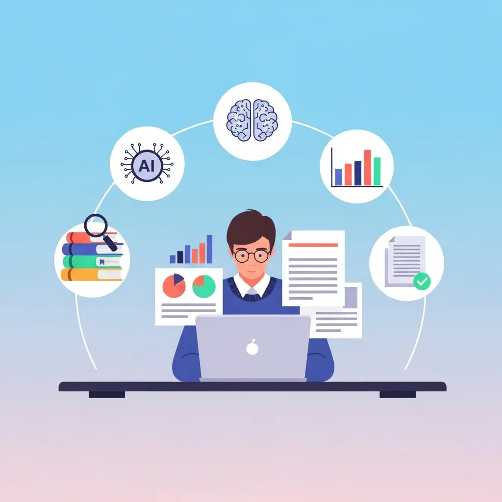 Estudiante doctoral trabajando con herramientas de IA en un entorno académico moderno