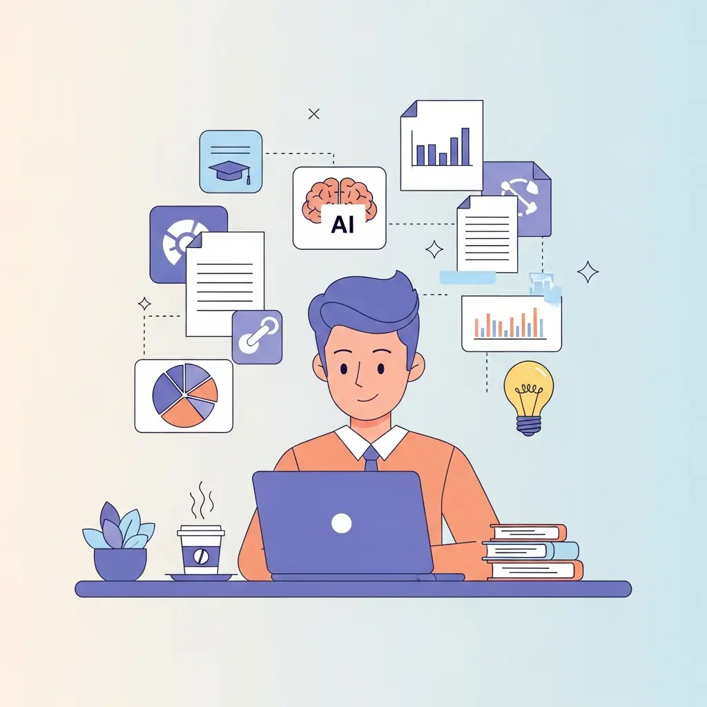 Estudiante doctoral trabajando con inteligencia artificial en un ambiente moderno y productivo