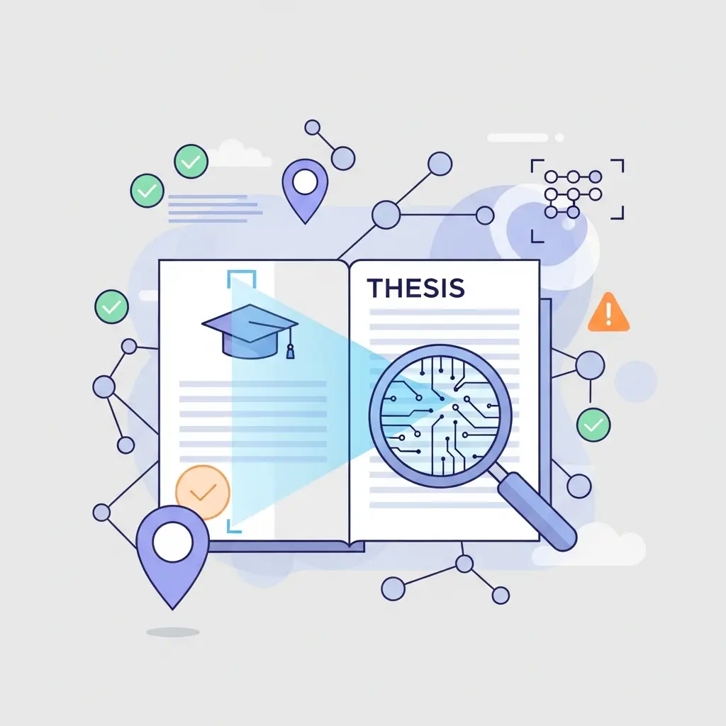 Ilustración conceptual mostrando el análisis de una tesis doctoral mediante inteligencia artificial