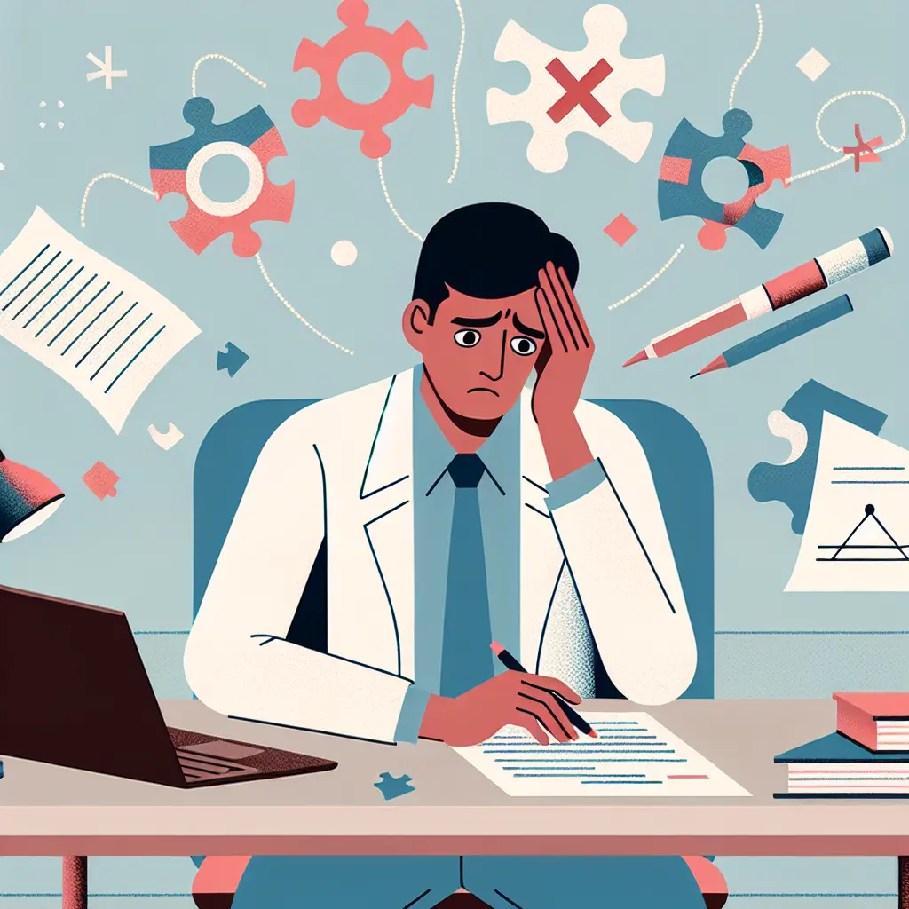 Estudiante de doctorado preocupado ante un documento de tesis rechazado, rodeado de símbolos que representan problemas estructurales