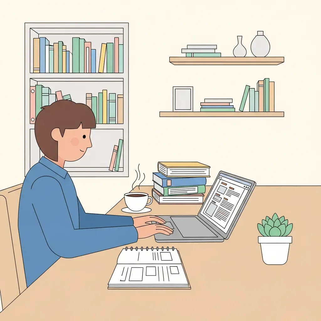 Doctorando trabajando en la estructura de su tesis con laptop y materiales organizados