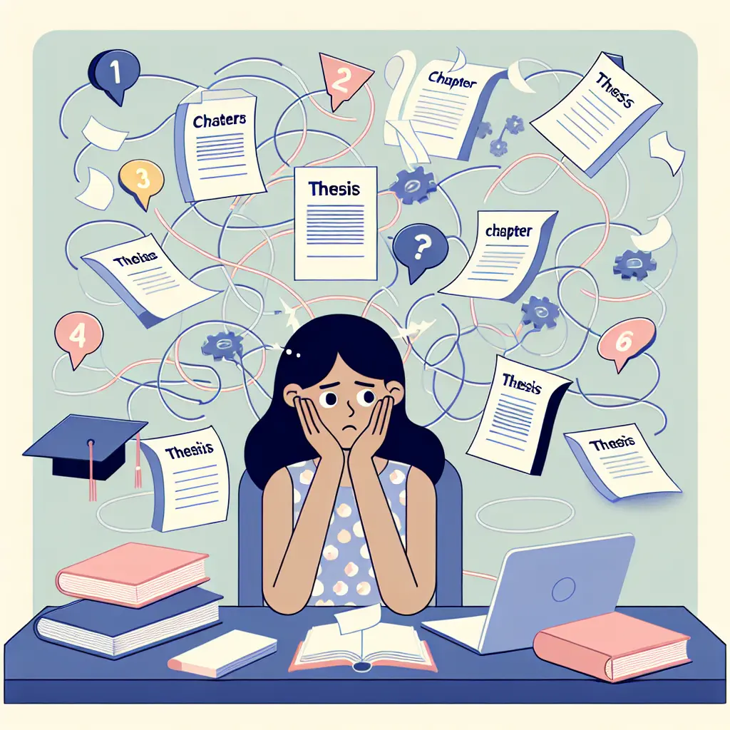 Doctorando confundido rodeado de documentos y capítulos desordenados simbolizando la complejidad estructural