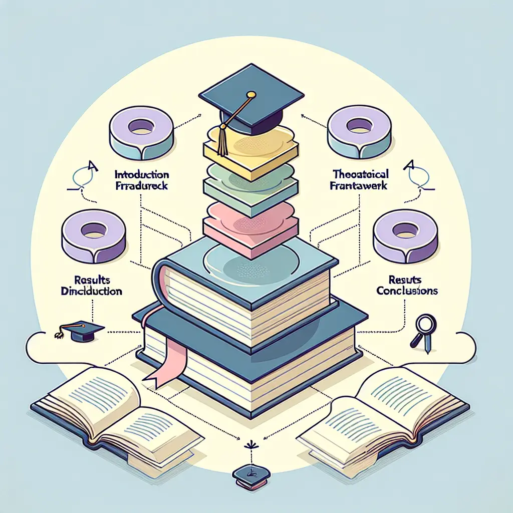 Ilustración conceptual mostrando la arquitectura de una tesis doctoral con sus diferentes capítulos organizados como capas estructuradas