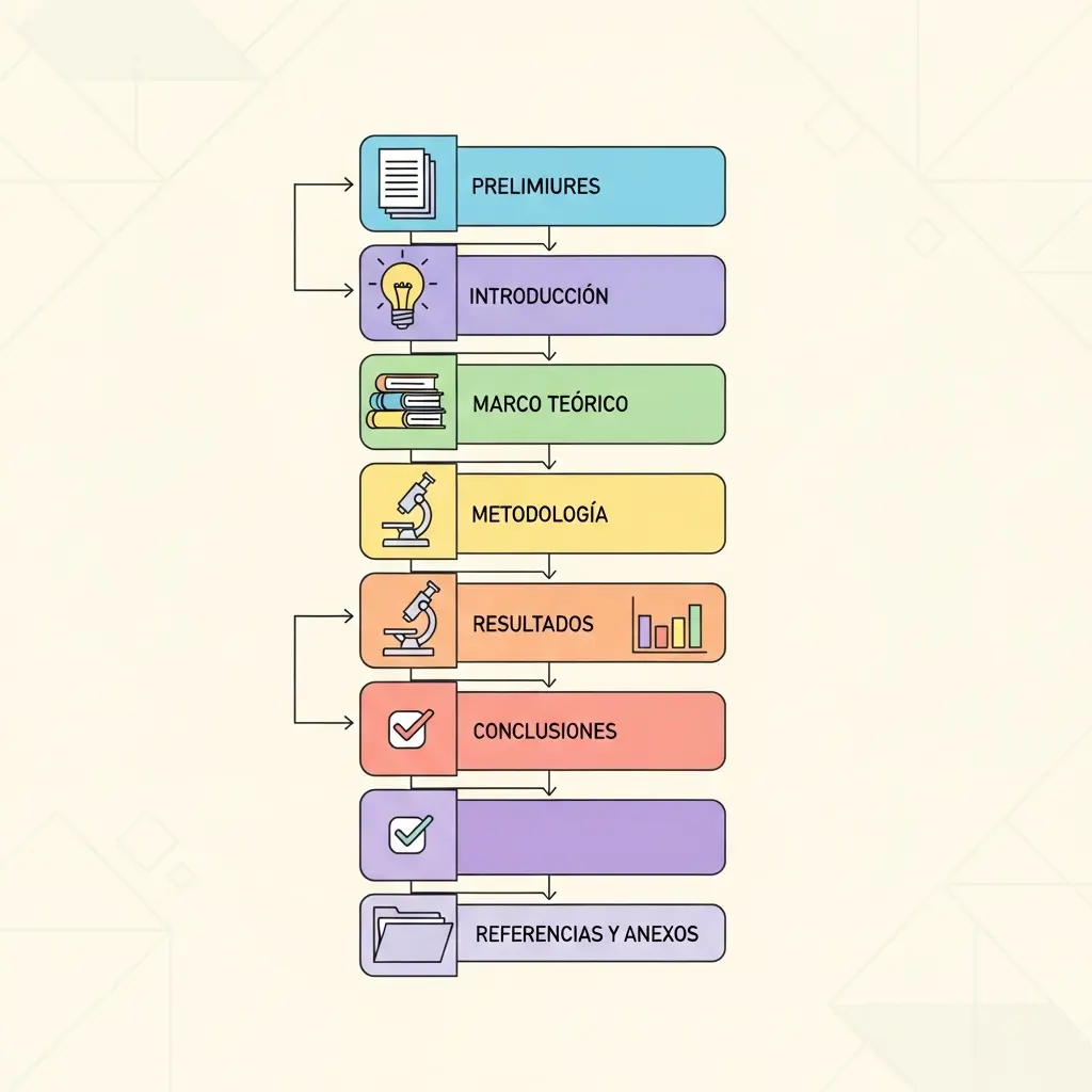 Diagrama visual de la estructura completa de una tesis doctoral en España con sus 7 bloques principales