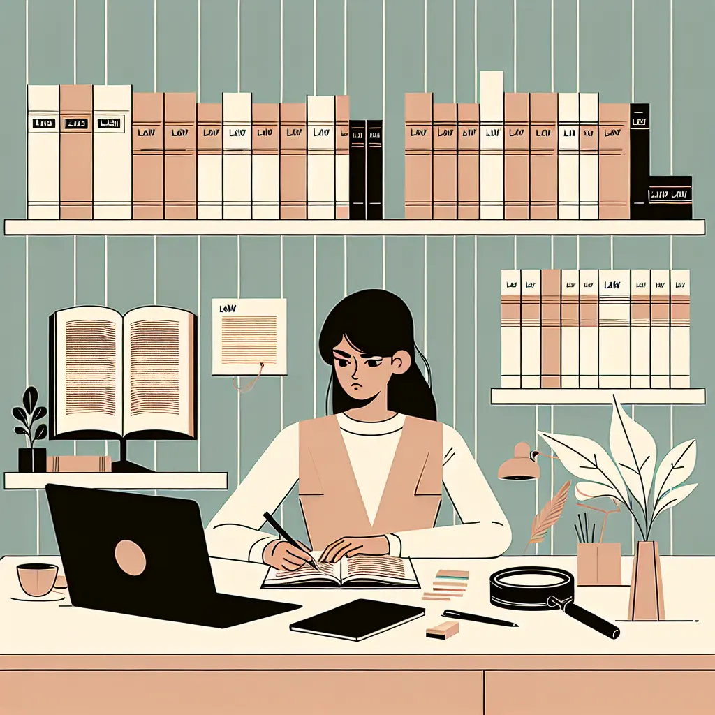 Estudiante de derecho trabajando en su tesis con documentos legales y ordenador