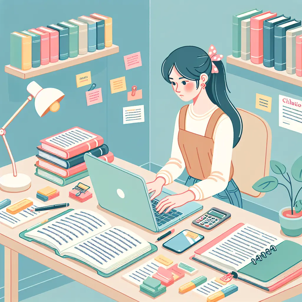 Estudiante universitario trabajando en su tesis con materiales de investigación organizados y referencias adecuadas