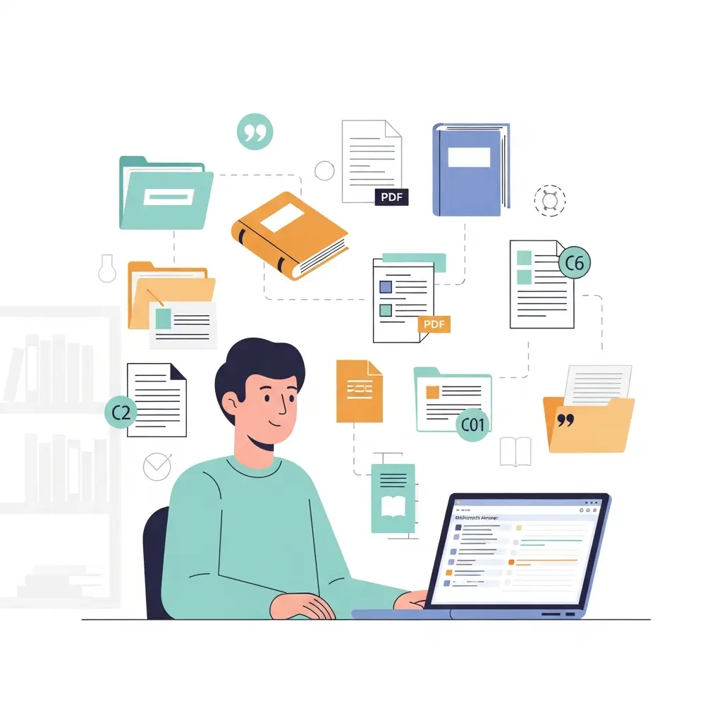 Estudiante universitario organizando metódicamente sus fuentes bibliográficas y referencias académicas