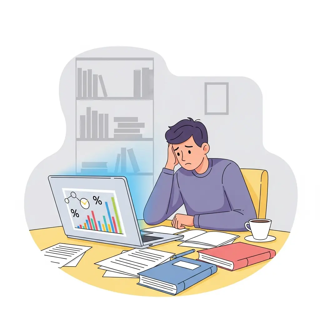 Estudiante universitario preocupado revisando informe de detector de plagio en su laptop