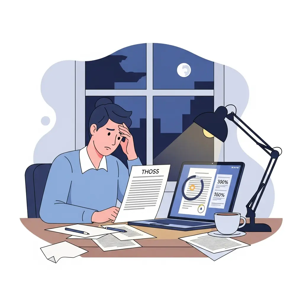 Estudiante universitaria revisando informe de plagio en su tesis durante la madrugada con expresión preocupada