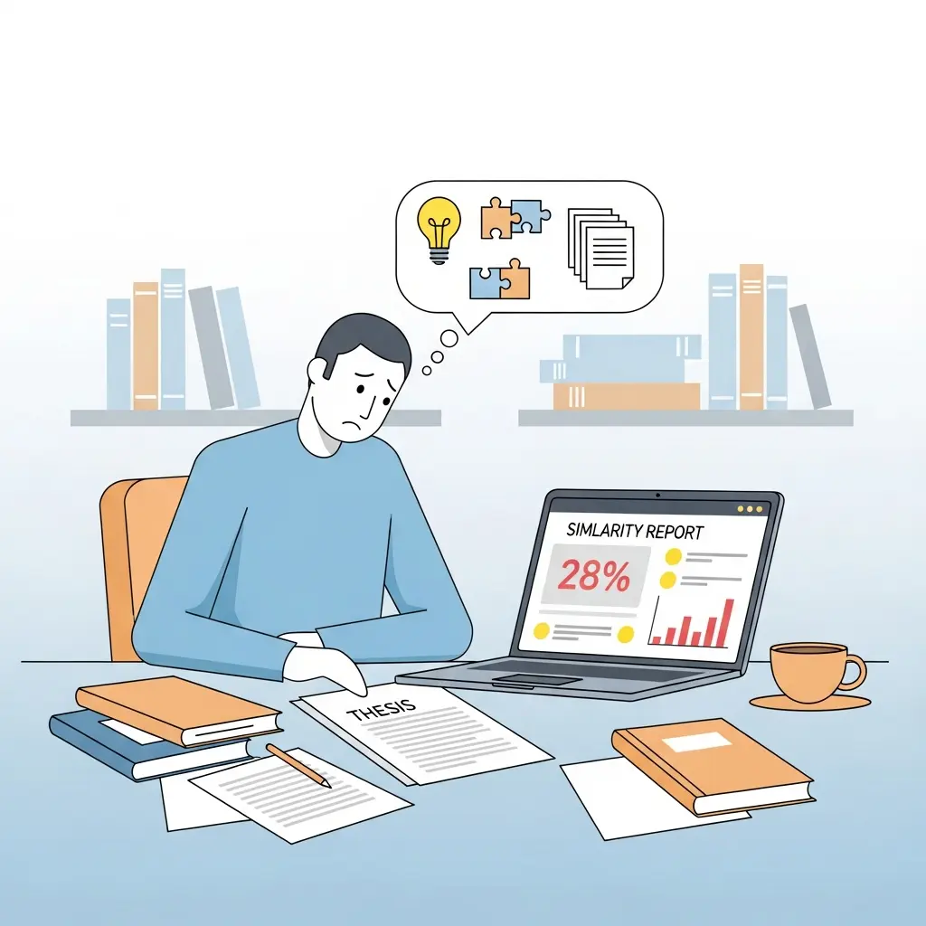 Estudiante universitario preocupado revisando informe de similitud en su tesis