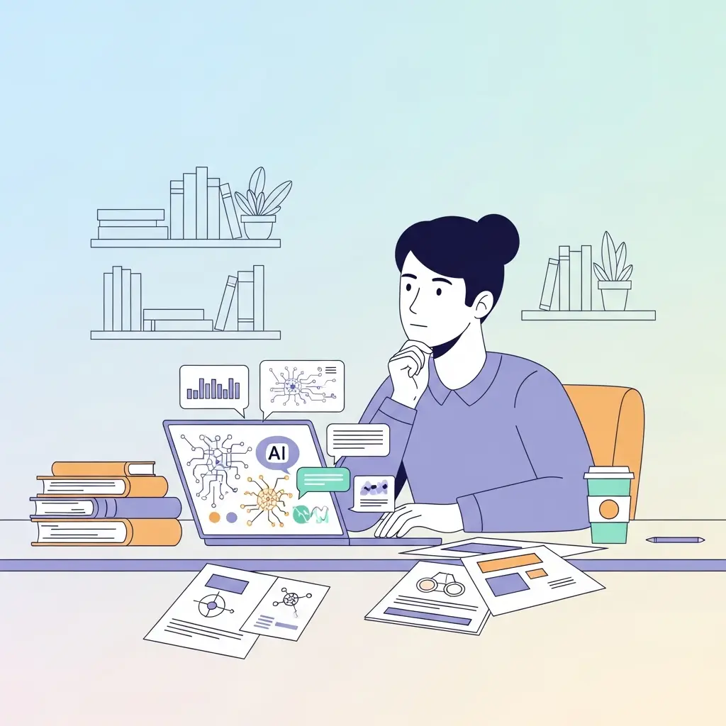 Investigador doctoral trabajando con herramientas de IA en su escritorio