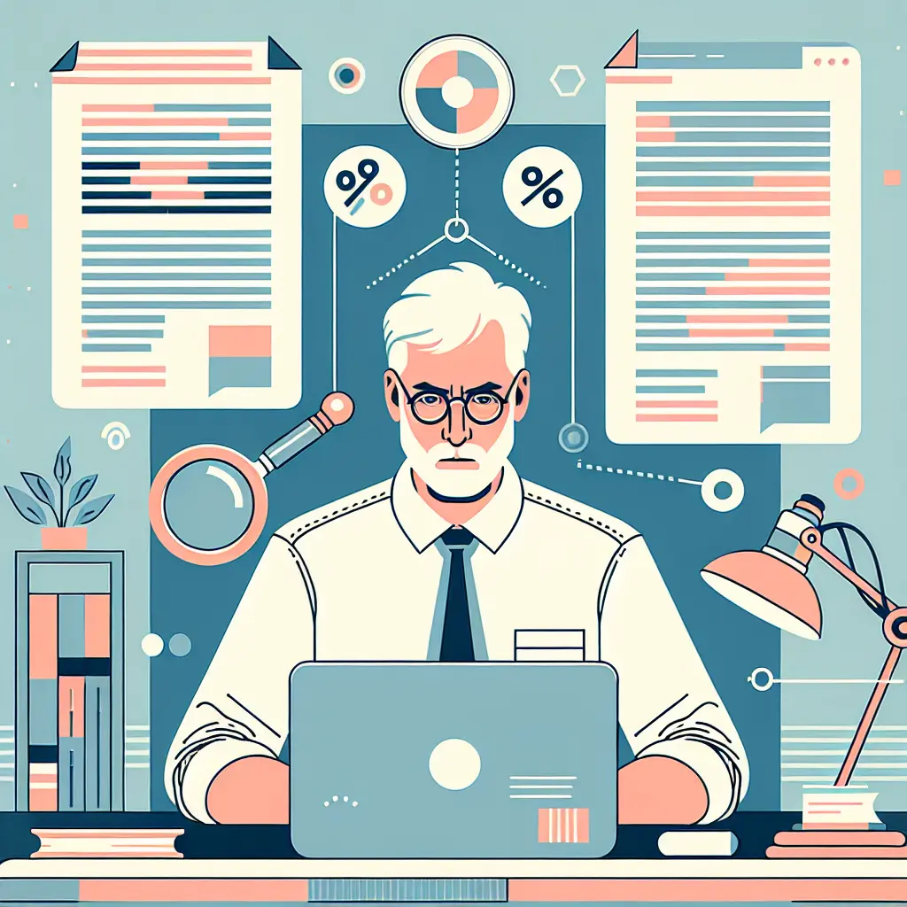 Profesor universitario analizando documentos con herramientas de detección de plagio en su portátil