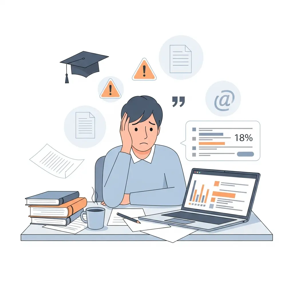 Estudiante universitario preocupado revisando informe de detección de plagio en su tesis