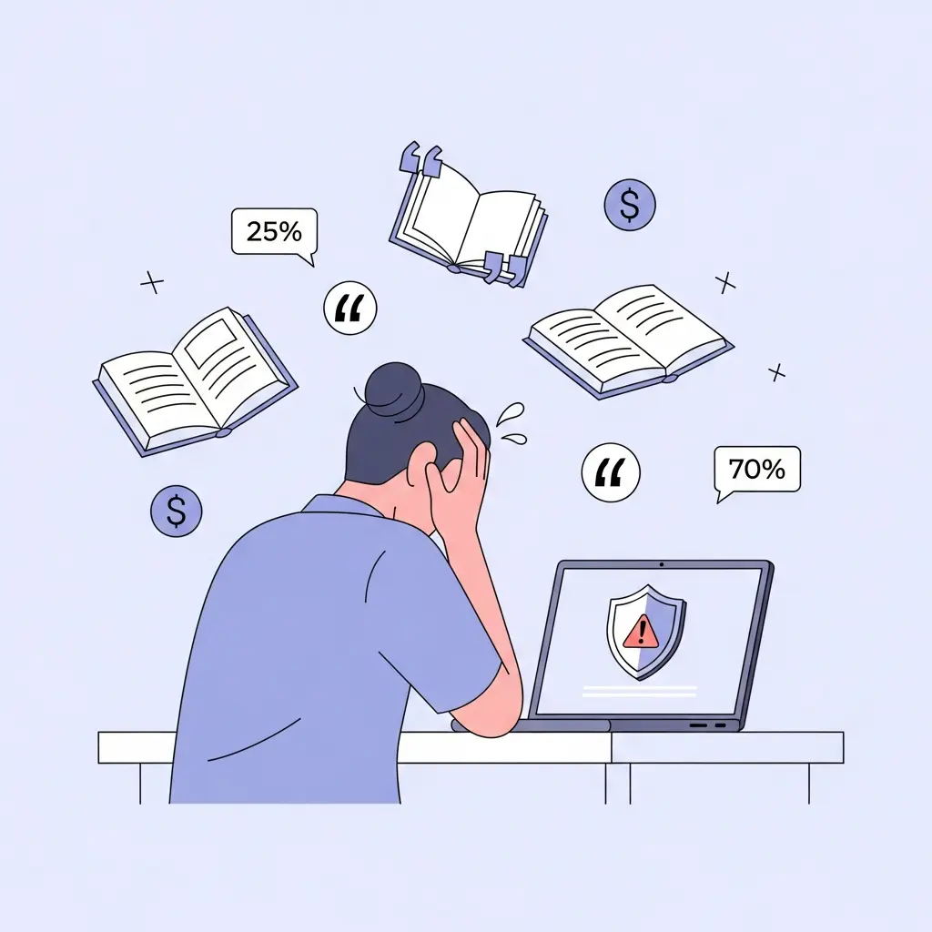 Estudiante universitario preocupado frente al portátil con alertas de plagio