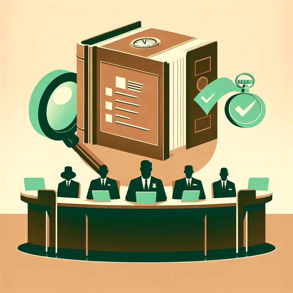 Tribunal evaluando una tesis doctoral con iconos de evaluación flotando sobre el documento