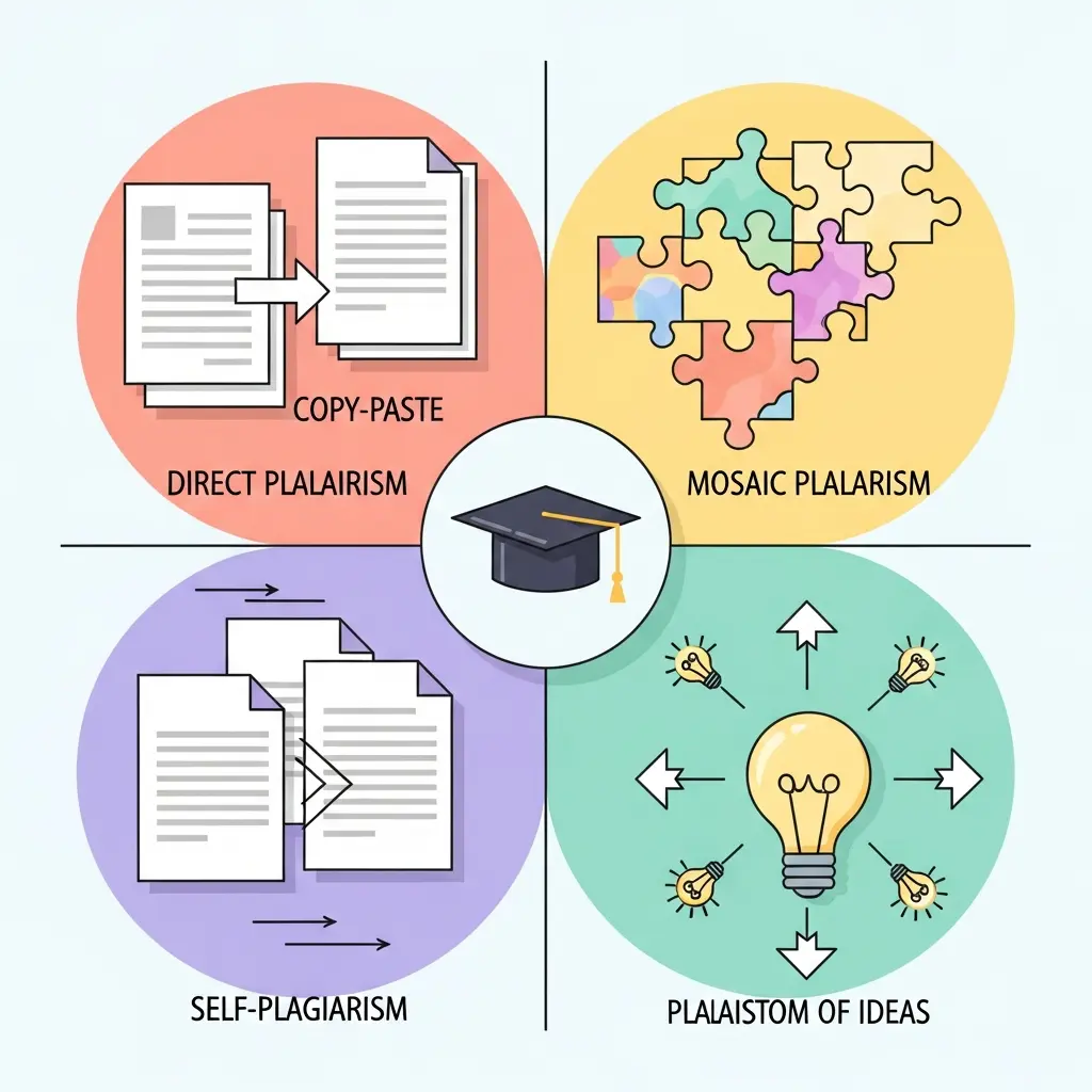 Ilustración educativa mostrando los cuatro tipos principales de plagio académico universitario