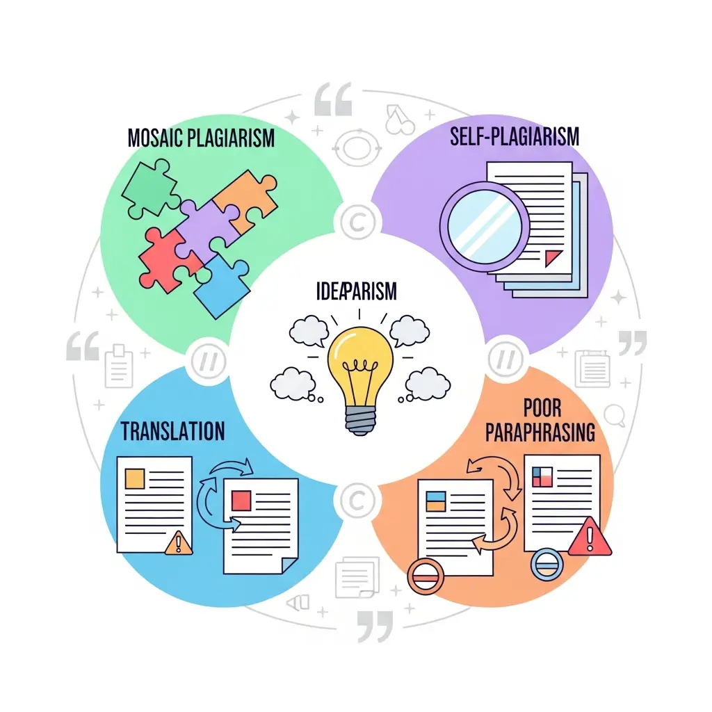 Ilustración de los cinco tipos principales de plagio académico que los detectores no identifican
