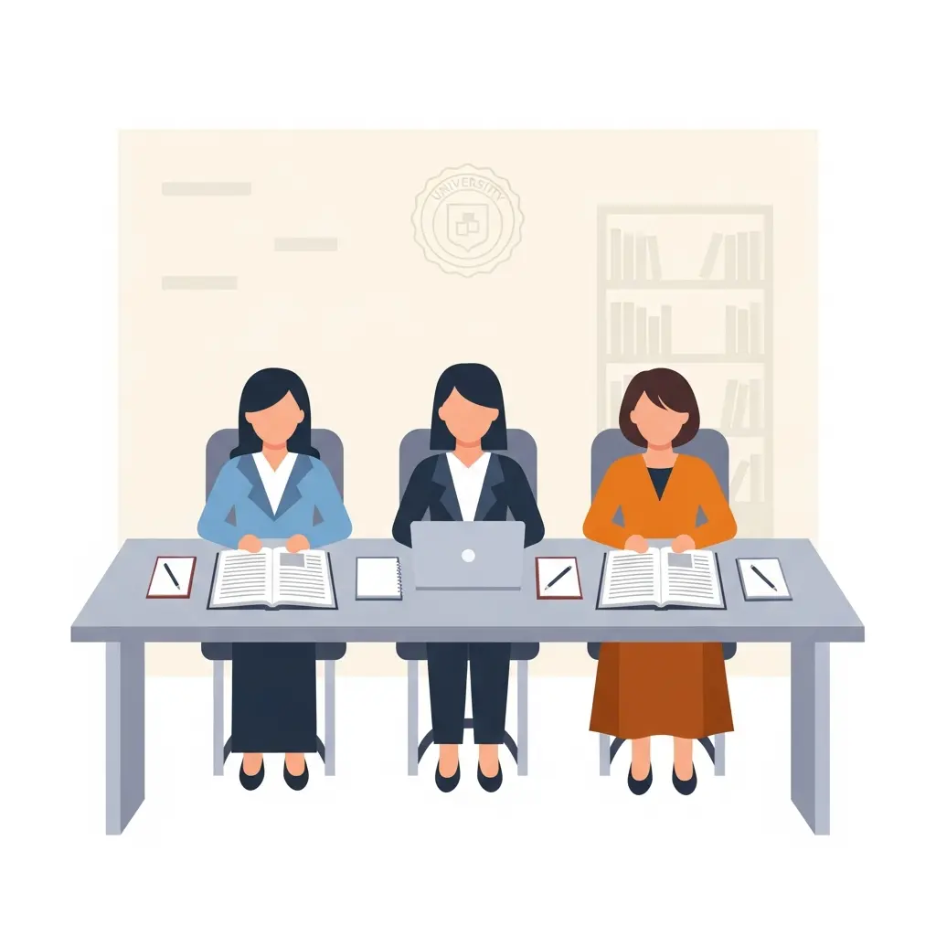 Tribunal académico evaluando una tesis doctoral con atención a cada detalle estructural