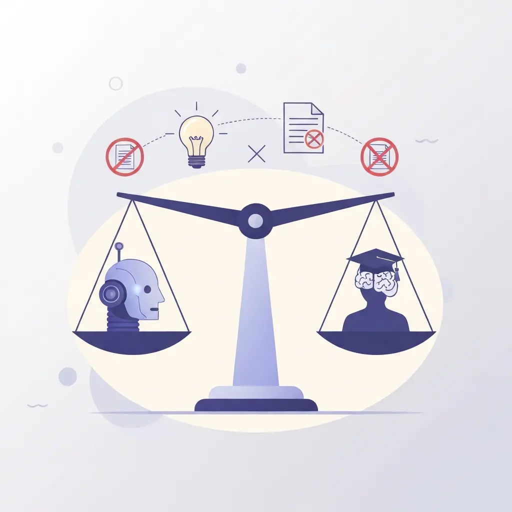 Balanza equilibrada entre inteligencia artificial y pensamiento humano académico