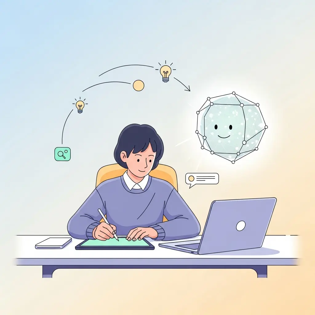 Estudiante universitario colaborando con inteligencia artificial de forma armoniosa en su escritorio