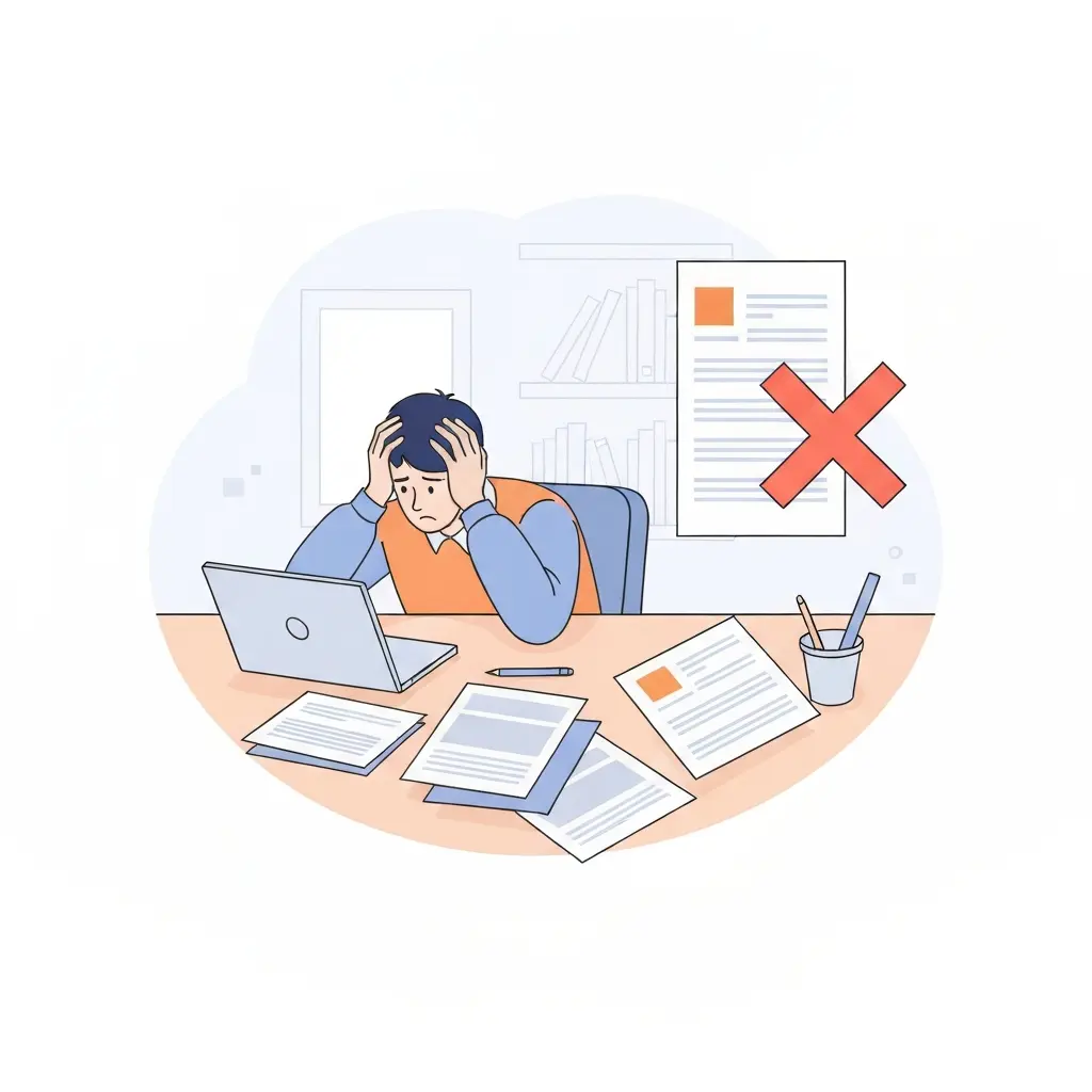 Estudiante universitario frustrado frente a su tesis con marcas de corrección