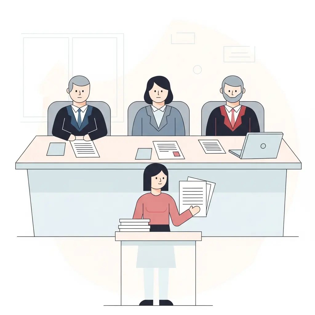 Ilustración de una defensa de tesis ante tribunal universitario