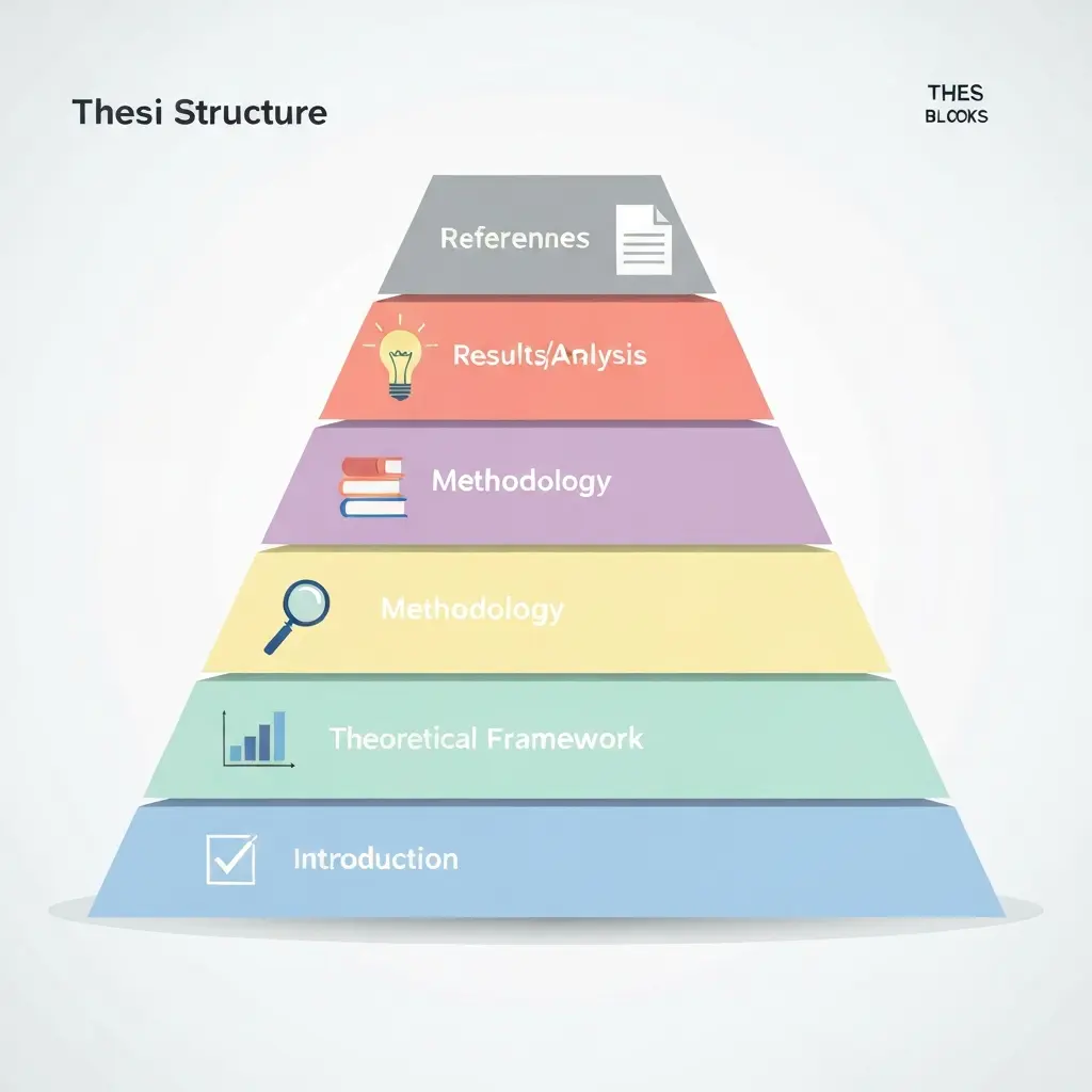 Diagrama de estructura de tesis en forma de pirámide con las secciones principales