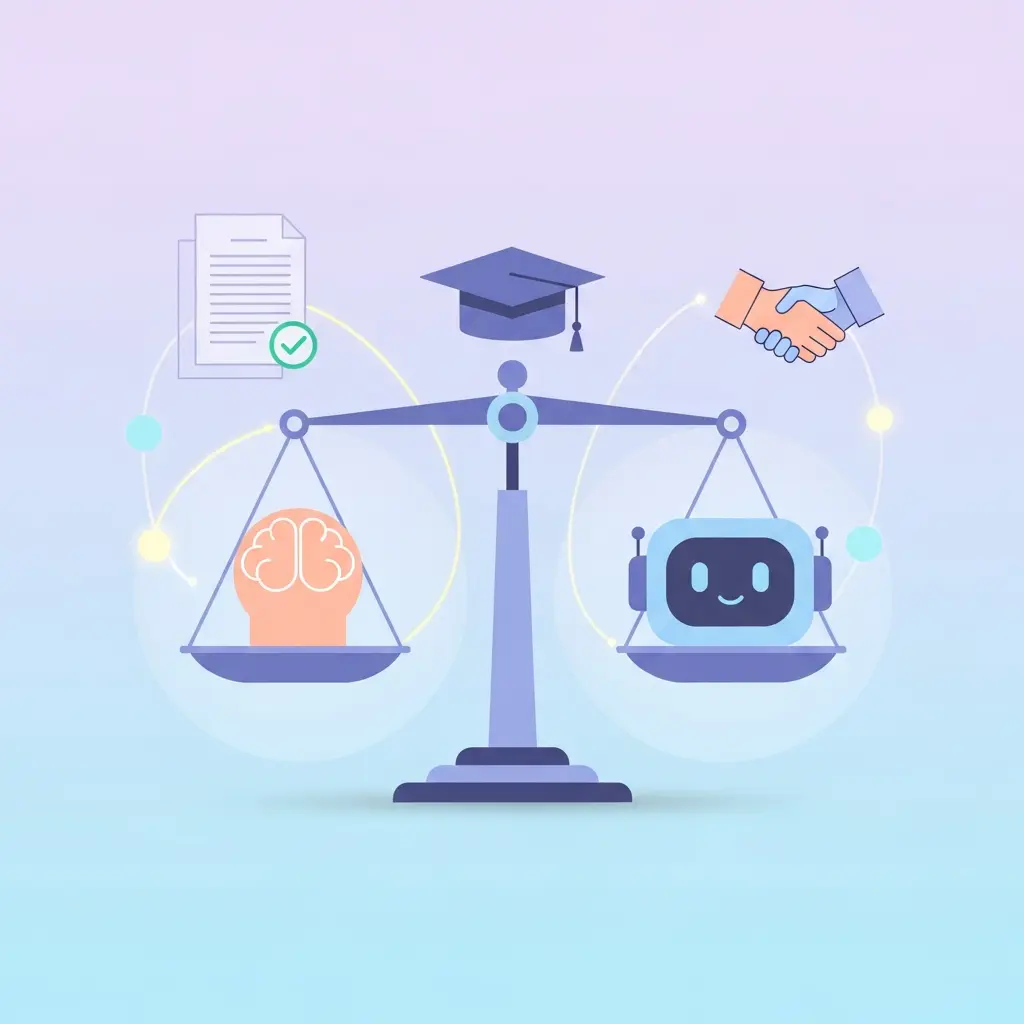 Representación del futuro de la integridad académica mostrando equilibrio entre creatividad humana y asistencia de IA