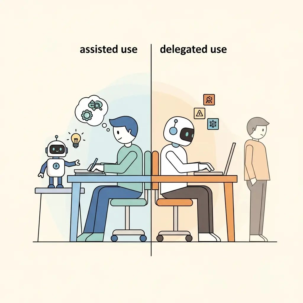Comparación visual entre uso asistido de IA donde el humano mantiene el control, y uso delegado donde la IA trabaja sola