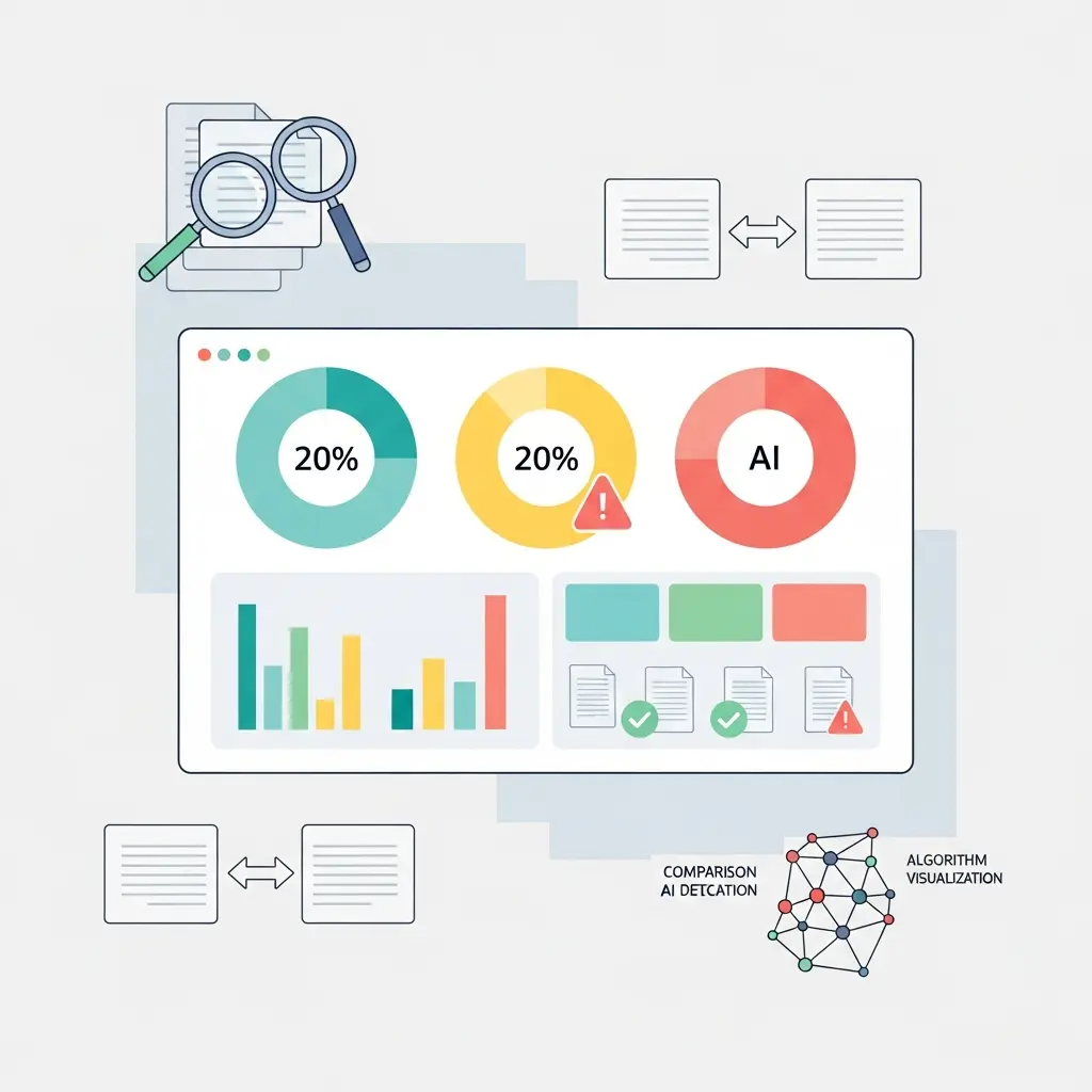 Panel de herramientas de detección de IA mostrando diferentes indicadores y análisis de documentos
