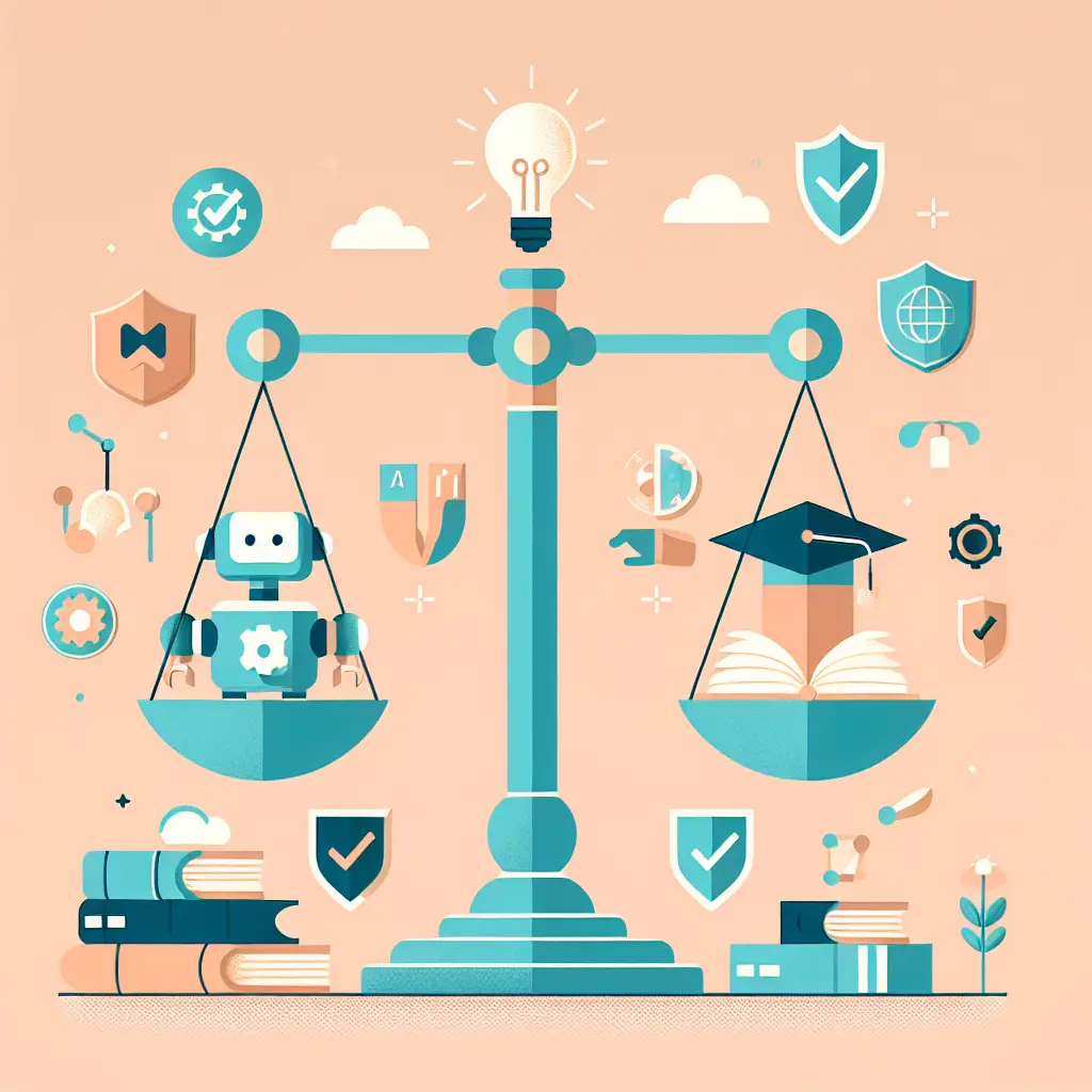 Balanza equilibrada entre asistencia de IA y valores académicos tradicionales, simbolizando el uso ético de la tecnología en la educación