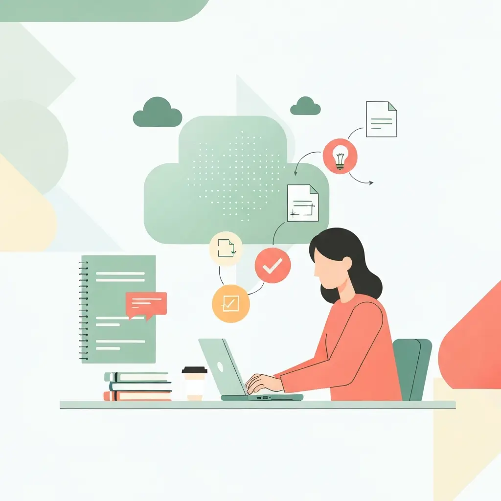 Ilustración mostrando referencias bibliográficas fantasma generadas por IA con símbolos de advertencia