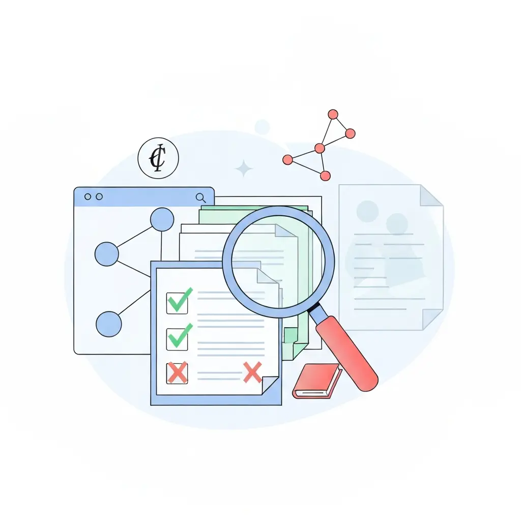 Ilustración que muestra la verificación de referencias académicas: documentos con marcas de verificación verde (válidos) y X rojas (falsos), representando el riesgo de las alucinaciones de IA