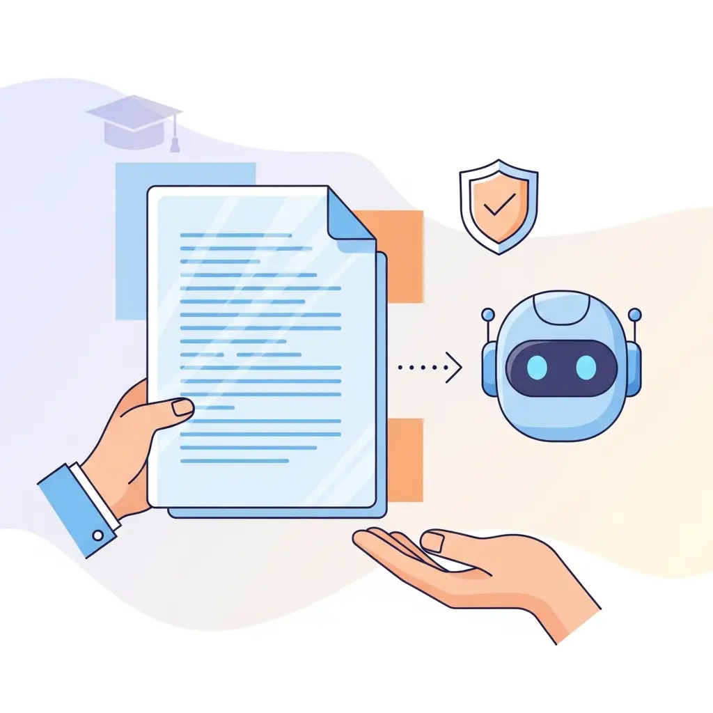Representación de la transparencia académica: documento con declaración de uso de IA y símbolo de integridad
