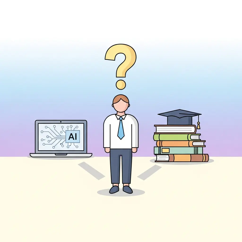 Estudiante universitario en una encrucijada entre la tecnología de IA y la academia tradicional, simbolizando la incertidumbre actual
