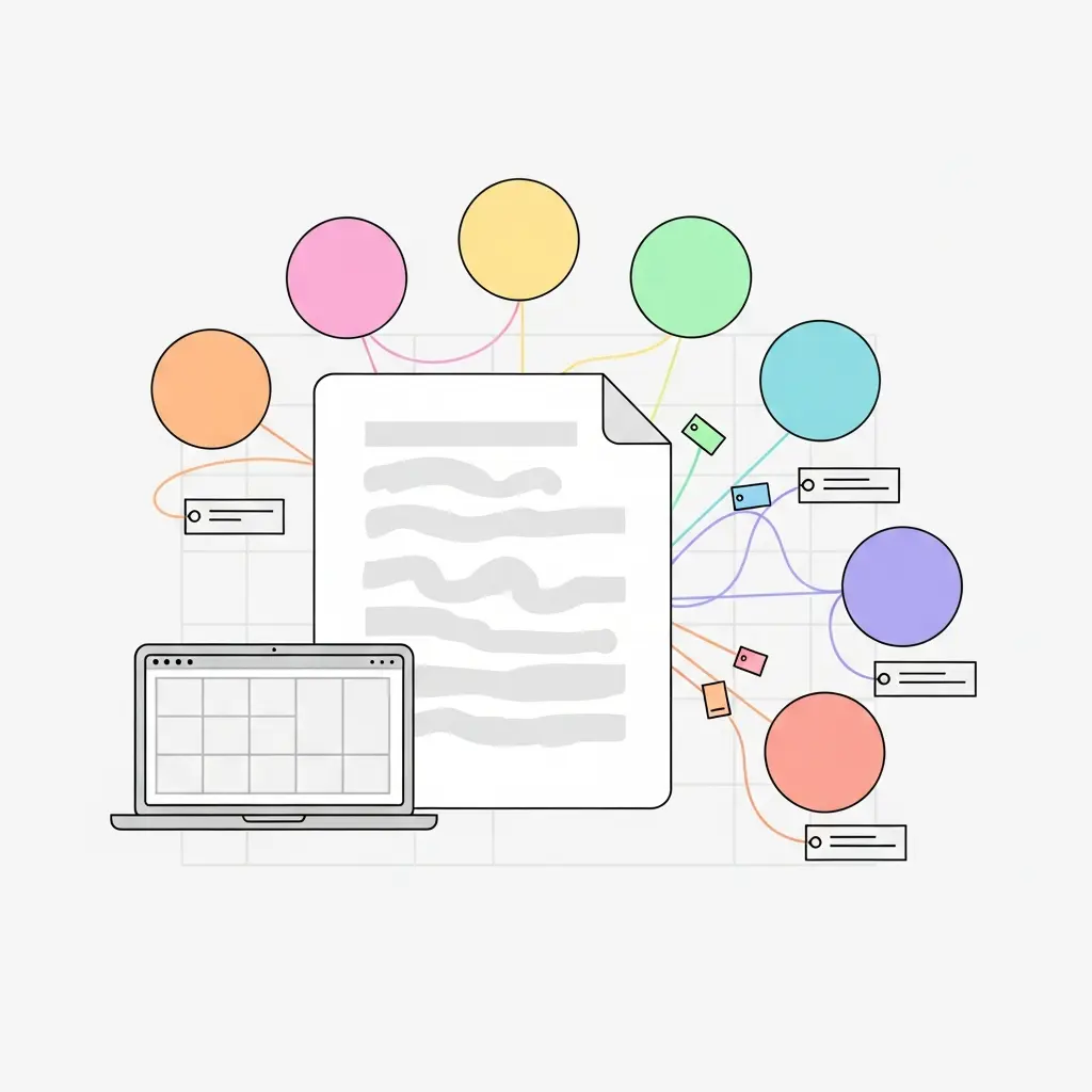 Ilustración del proceso de codificación y análisis temático: documento central con categorías emergentes conectadas